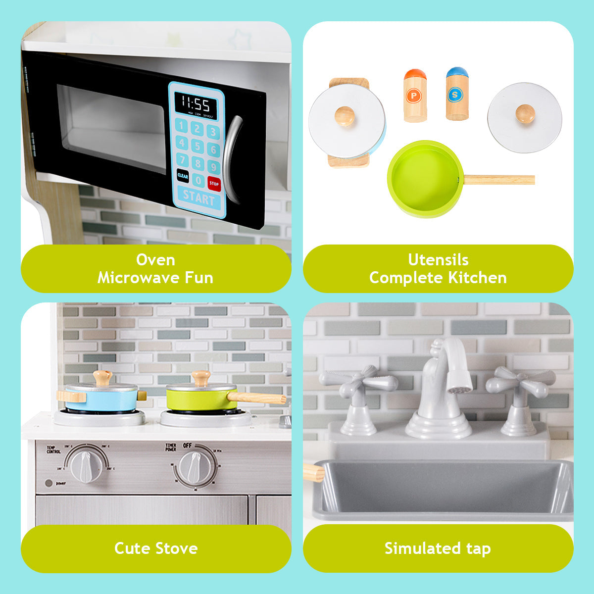 NNECW Wooden Toy Kitchen Playset with Microwave for Age 3+