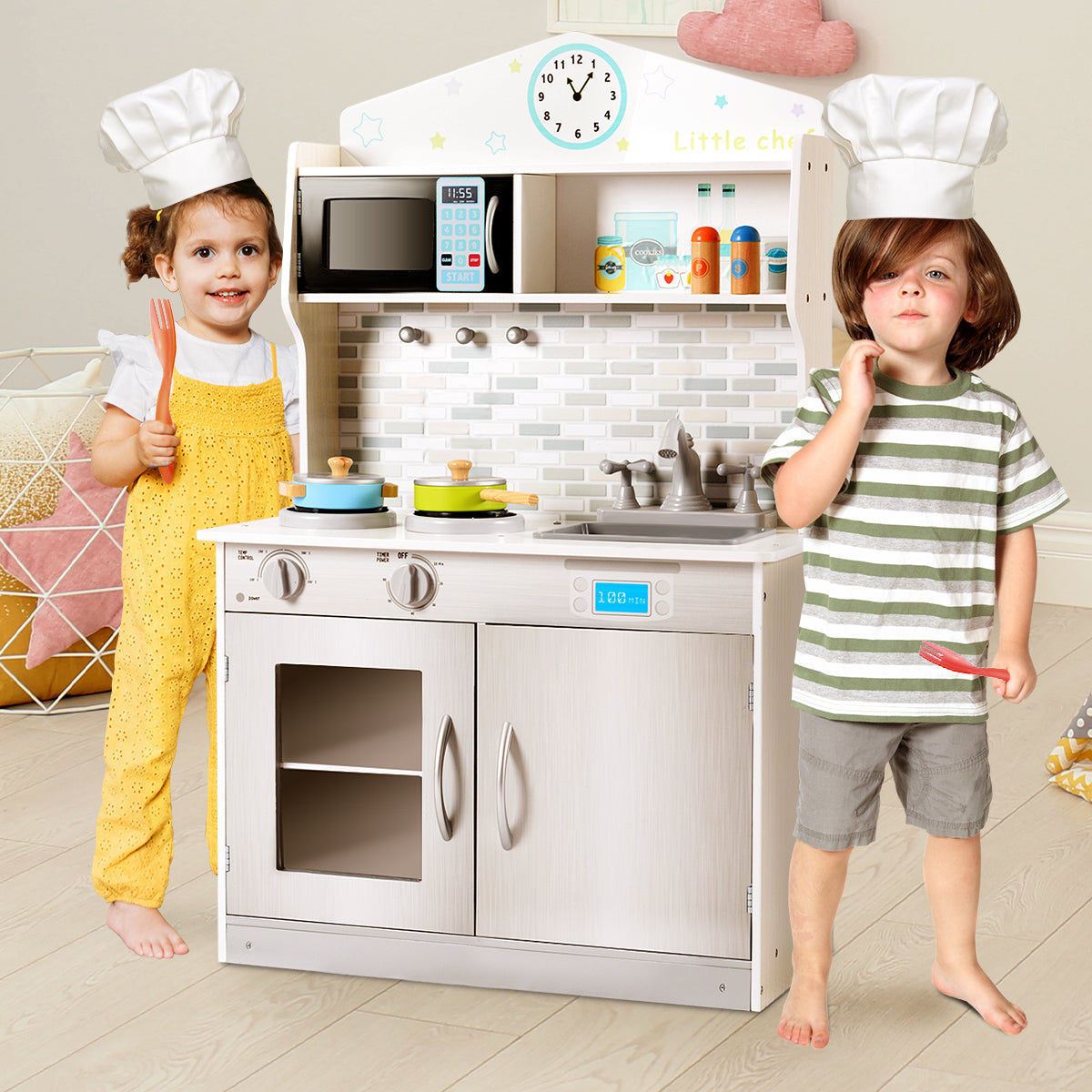 NNECW Wooden Toy Kitchen Playset with Microwave for Age 3+