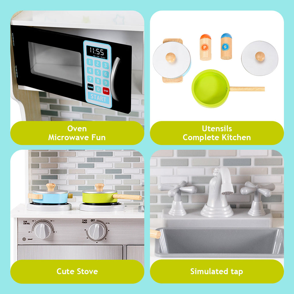 NNECW Wooden Toy Kitchen Playset with Microwave for Age 3+